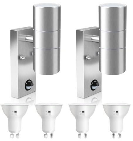 ALUSSO LIGHTING 2er Set Edelstahl LED Außenleuchte mit PIR Bewegungsmelder Up Down Außen Wandleuchte, Aussenlampe inkl. 4x 8W GU10 Glühbirnen 750LM 3000K/4000K/6000K, Wandlampe IP65 für Garten, Silber