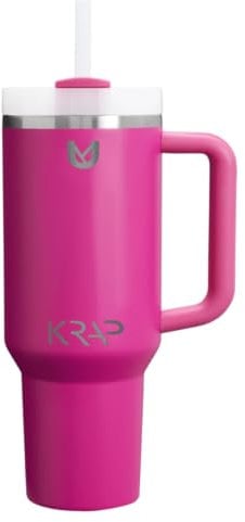 KRAP 40oz Tumbler with Handle and Straw, Thermos Mugs with Lid, Large Travel Mug Coffee Cup for Hot/Cold Drinks Insulated Stainless Steel Water Bottle,Gifts for Women and Men - Pink