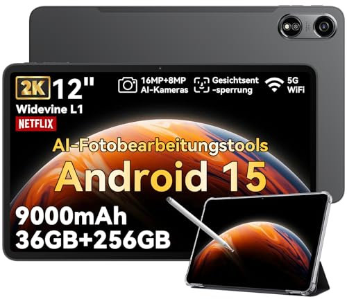 OSCAL AI Tablet 12 Zoll Android 15 Pad 100, 120 Hz Tablets, 36GB + 256GB (2TB TF), Dual SIM + 5GWiFi Tablets mit Stift, Octa-Core Gaming Tablet, 9000 mAh Akuu/Face ID/GPS/Widevine L1/Hülle(2025)