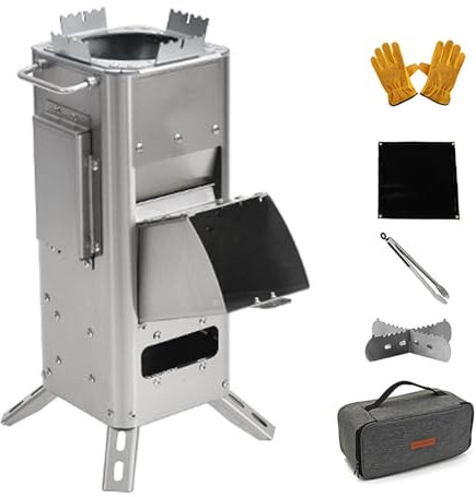ERSINIAN Raketenofen, tragbarer Campingkocher, Holzofen, Faltbarer Camping-Holzofen aus Edelstahl, Zeltöfen mit Holzofen und Tragetasche, für Picknick, Grillen, Campen, Wandern im Freien