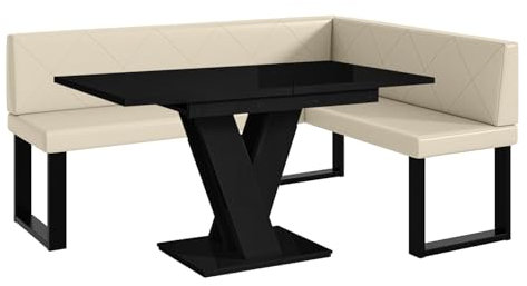 MEBLINI Eckbank für Esszimmer mit ausziehbarem Tisch - Küchenbank - Essecke - Sitzecke Küche - ERIC - U-Beine 128x168x87cm Rechts - Creme Kunstleder/M Schwarz Hochgl.