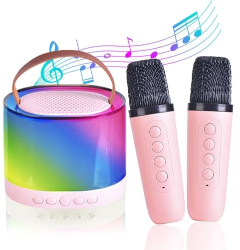 Kids Karaoke Machines for Girls, Mini Karaoke Speaker with 2 Wireless Microphones, Presents for Kids Ages 4-12, Stocking Fillers Gifts For Boys Girls 4, 5, 6, 7, 8, 9, 10, 11 Year Old (Pink)