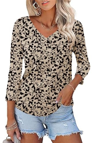 Rapbin Women's 3/4 Sleeve Tunic Tops for Ladies Blouses V Neck 2025 Summer Loose Fit Floral Shirts Casual Outfits