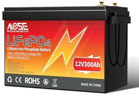 MOSEWORTH LiFePO4 Lithium Iron Phosphate Battery, 12V 300Ah, Built-in BMS