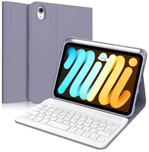 SENGBIRCH Tastaturhülle für iPad Mini 7 (A17Pro) 8,3 Zoll 2024 – Französische AZERTY-Tastatur, abnehmbar, kabellos, Bluetooth, für iPad Mini 7 8,3 Zoll 2024, Lavendel