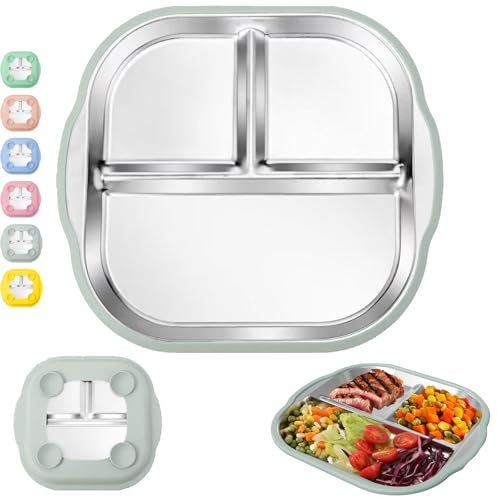 CWENDANER Assiette pour Enfant avec Ventouse, Assiette bébé en Acier Inoxydable avec Compartiments, pour bébés et Tout Petits, Résistant au Lave Vaisselle et incassable, Sans BPA(Gris clair)