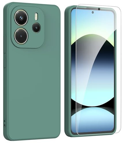 ARRYNN Funda Xiaomi Redmi Note 14 4G con Cristal Templado Protector de Pantalla,Verde Ultra Slim Protectora Funda de Silicona Líquida Suave Case Cover - Verde1