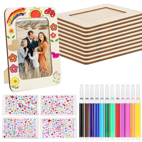 PCXWTLN 10 Holzbilderrahmen zum Bemalen für Kinder, 19x14 cm Holzbilderrahmen mit Glitzersteine & 12 Farbpinsel, DIY Bilderrahmen Bastelset für Kinder, Kreativ-Set zur Selbstgestaltung
