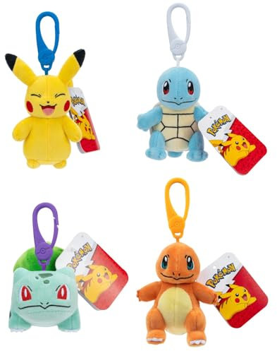 Pokémon Clip on 10cm Plüsch - Pikachu, Squirtle, Charmander, Bulbasaur - Offizielles Pokemon verstopftes Spielzeug für Kinder 2+