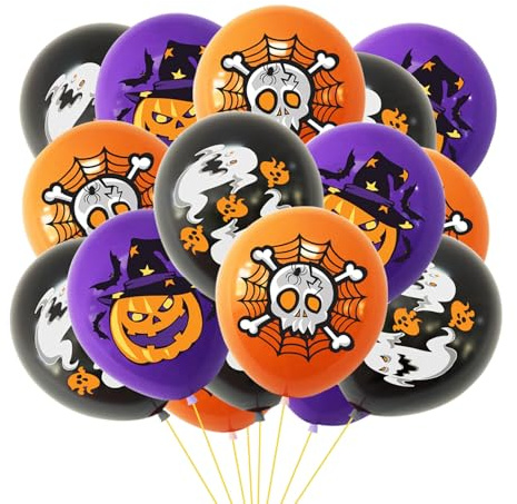 ParPix 15 Stück Halloween Deko Luftballons, 12 Zoll Orange Lila Schwarz Halloweendeko Ballon, Halloween Party Deko Latexballons, Horror Luftballon, Deko Halloweens Ballon mit Kürbis, Fledermaus, Geist