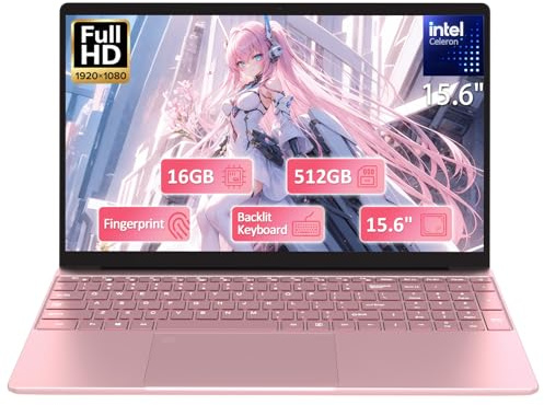 39,6 cm (15,6 Zoll) FHD Student Laptop Pink, 16 GB DDR4 RAM 512 GB PCIe SSD, tragbarer Laptop mit hintergrundbeleuchteter Tastatur, 180 ° Winkelöffnung, Fingerabdruckleser, 6000 mAh Akku, Webcam, WiFi