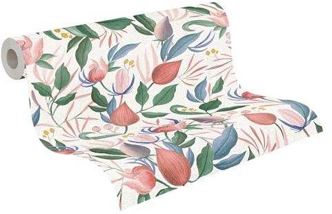 Livingwalls Non-Woven Wallpaper with Flowers and Leaves in White, Green, Pink, Pink and Blue - Floral Wallpaper 10.05m x 0.53m by Cosmopolitan - 790625