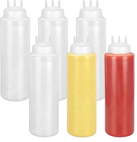 YKUKIZEE 6 PCS 3 Hole Squeeze Sauce Bottle 1000 Ml, Squeeze Condiment Bottles with Scale, 32 OZ Plastic Squeeze Ketchup Bottles Dispenser for Cream Mustard Salad Dressing Oil Seasoning