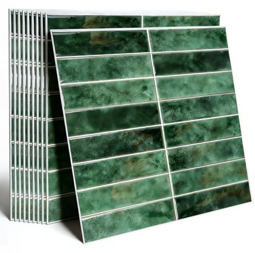 CYEER 20-Pack Sticky Wall Tiles for Kitchen, 3D Peel and Stick Wall Tiles Green Brick Effect, Heat Resistant PET Self Adhesive Wall Tiles for Bathroom Splashback, 30x30cm, 3D Texture