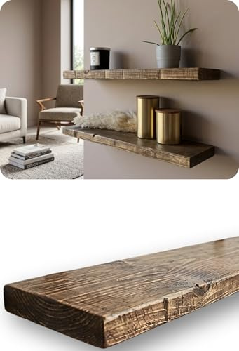HOLLIS-WOOD Wandregal Holz rustikal – Schweberegal Massivholz handgefertigt | Holzregal Wand antik | Wandregal Massivholz rustikal 40–160 cm | 4 cm Brettstärke | inkl. Stahlwinkel (160 cm)