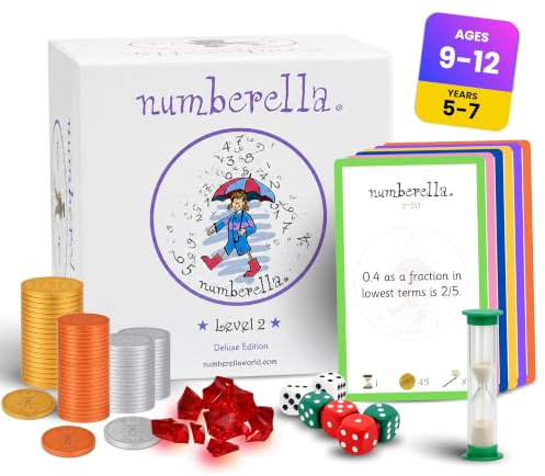Numberella Deluxe Maths Board Game Level 2 | Ages 9-12 | Fractions, 11 Plus | KS2, years 5-7. 432 mental maths questions. Fractions, decimals, percentages + much more. Award-winning data-proven STEM.