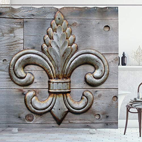 ABAKUHAUS Fleur De Lis Duschvorhang, Altes Zeichen Holz, Stoffliches Gewebe Badezimmerdekorationsset mit Haken, 175 x 200 cm, Braun Grau