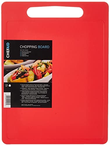 Chef Aid Tabla de cortar grande de polietileno rojo, superficie antideslizante multiusos, fácil de limpiar y apta para lavavajillas con asa, 40 x 30 cm. Otras opciones de color disponibles.