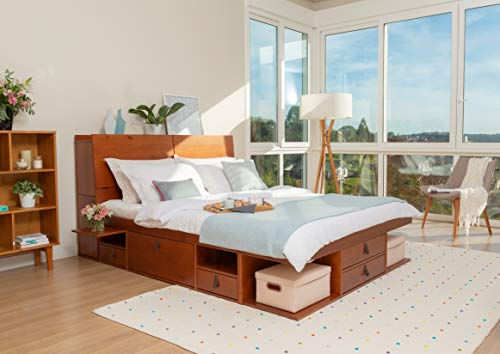 Bett mit Stauraum 140x200 + Funktions-Kopfteil + Lattenrost: Set Bali Karamell. Doppelbett und Kopfteil aus massiv Holz Kiefer mit viel Stauraum und Bettkasten, ideal f. kleine Schlafzimmer