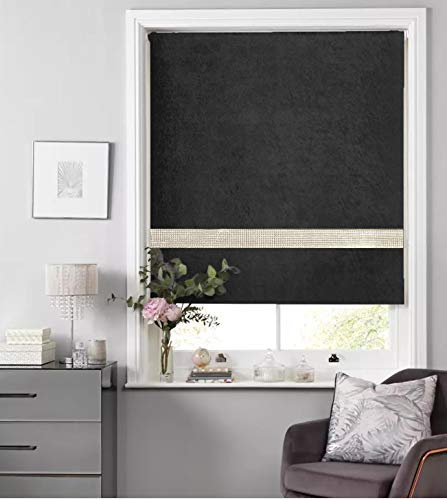 Crushed Velvet Blackout Dim Out Diamante Trim Roller Blinds, Child Safe - Easy Fit Black 120cm
