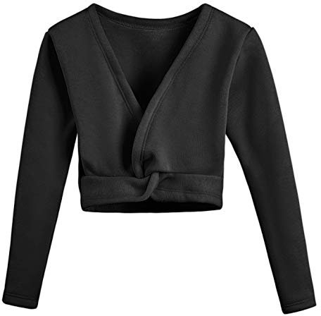 Girls Ballet Wrap Tops Leotard Long Sleeve Dance Wraps Sweater Gymnastics Cardigan,Velvet Inner(UK824-06-130) Black