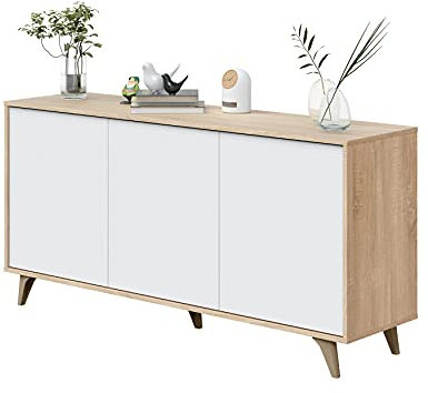 Dmora - Arvada-Sideboard, Küchenbuffet, Wohnzimmer-Design-Garderobe, modernes Sideboard mit 3 Türen und Regalen, 154 x 40 x 75 cm, Eiche und Weiß