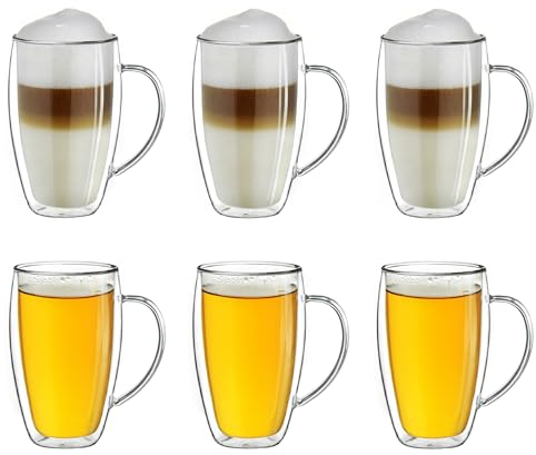 Creano Verre isotherme à double paroi avec anse - 250 ml - Grand verre à double paroi en verre borosilicate - à café/thé - 6 x 250 ml