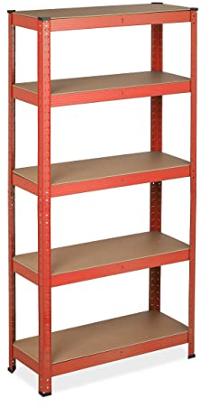 Relaxdays Schwerlastregal zum Stecken, Traglast: 875 kg, 5 Ebenen, Keller & Garage, Stahl, HxBxT: 151 x 75 x 30 cm, rot