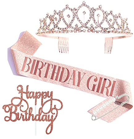 Geburtstag Kronen für Mädchen, Rosegold Bitrhday Girl Schärpe und Strass Krone Tiara Kit für 11. 13. 15. 16. 17. 18. Geburtstags, Geburtstags-Tiara Roségold für Mädchen, mit Tortenstecker