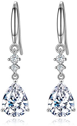 Sterling Silver Dangle Earrings for Women, Hypoallergenic Cubic Zirconia Teardrop Dangle Drop CZ Earring Jewellery Gifts for Girls, Silver