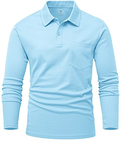 YSENTO Herren Poloshirts Langarm Golfshirts Schnelltrocknend Atmungsaktiv Outdoor Funktionell Tennis Arbeit Casual Polo T-Shirts Tops mit Brillenhalter(Himmelblau,M)
