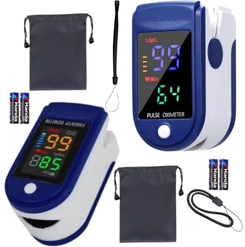 Oxymètre de Pouls Doigt – LOT DE 2 – Mesure SpO₂ & Fréquence Cardiaque – Écran LED Lisible – Piles Incluses – Oxymètre Adultes & Adolescents – Usage Bien-Être notice en Français etui et cordon