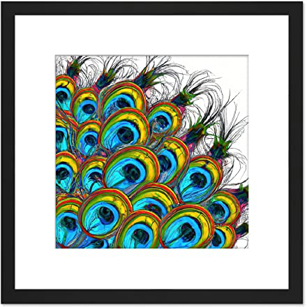 Artery8 Colourful Peacock Feather Abstract Oil Painting Square Wooden Framed Wall Art Print Picture 8X8 Inch