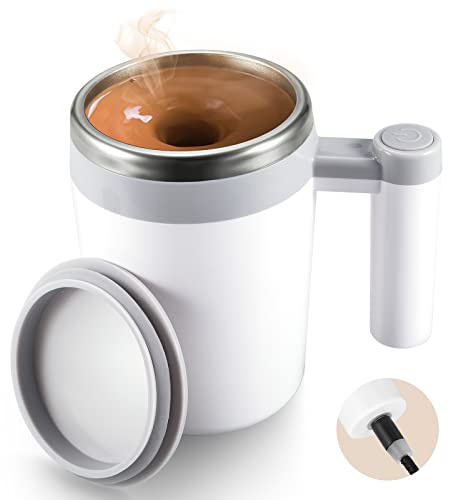 Self Stirring Coffee Mug,Rechargeable Automatic Magnetic Self Mixing Coffee Mug with 2 Stir Bar,13oz Auto Stainless Steel mixer Cup for Coffee Milk Cocoa for Office Travel Best Christmas Gifts(Grey)