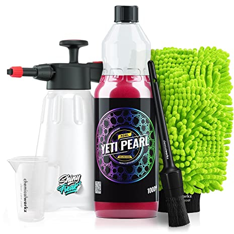ADBL Yeti Snow Foam Pearl (1L) hochkonzentrierter Aktivschaum + chemicalworkz Waschhandschuh + Schaumsprüher - schonende Autowäsche - Vorreiniger, Shampoo, pH-neutral, waschen, reinigen | 5-teilig