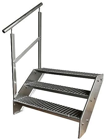 Kaminbau Mierzwa Premium Stahl Treppe Geländer Links Verzinkt 3 Stufen (Breite 1000 mm) (Höhe 57 cm) Wetterfest Gitterroststufe Gartentreppe