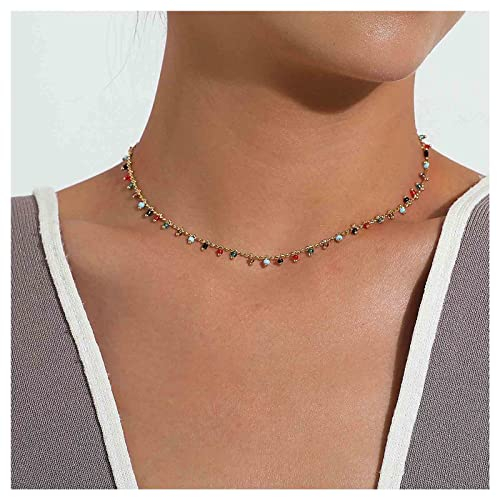 Allereya Vintage Regenbogen Perlen Halskette Choker Halskette Bunt Gem Baumeln Halskette Winzigen Regenbogen Perlen Halskette Kurz +Samen Perlen Halskette Schmuck Für Frauen Und Mädchen