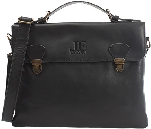 LECONI kleine Umhängetasche für Damen und Herren Schultertasche Ledertasche aus Büffel-Leder mit Überschlag natur Frauen Männer vintage Look unisex retro Leder 32x26x5cm schwarz LE3079-buf