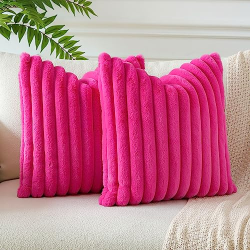 JOTOM 2er Set Doppelseitige Kunstpelz Plüsch Kissenbezüge, Dekorative Weich Kissenbezug Moderne Kissenhülle Sofakissen Zierkissenbezug für Wohnzimmer Schlafzimmer Deko (45x45cm, Rosa Rot)