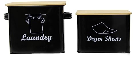 Xbopetda Set of Laundry Powder Bin & Dryer Sheets Holder, Laundry Detergent Powder Storage Box with Scoop, Wooden Lid & Handles, Metal Laundry Dryer Sheet Dispenser for Laundry Room Decor-Black
