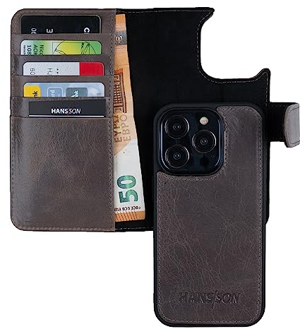 HANS/SON Flip Genuine Leather Case in Grey | iPhone 14 Pro Max Leather Case with Card Slots | Leather Case with Note Compartment | Shockproof | Magsafe Suitable | Magnetic Flip Case in Grey