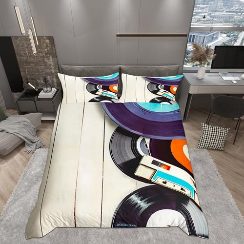 Castle Fairy Vintage Musical Bedding Set Queen Size,80s Retro Tape Record Print Duvet Cover Set for Children Adult,Audio Cassette Music Art Style Soft Comforter Cover for Dorm Room, Zipper, Ties