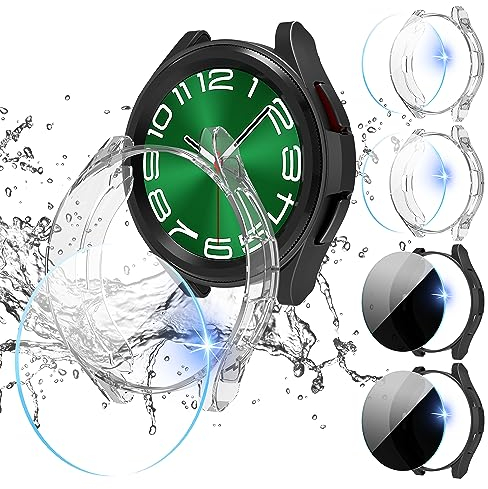 Diruite 4+4Stück Hülle für Samsung Galaxy Watch 6 Classic 47mm Schutzhülle,Ausgehöhlt Kratzfest PC Case*4&HD Hartglas Glas Schutzfolie*2+Privatsphäre Displayschutz*2 für Galaxy Watch 6 Classic 47mm