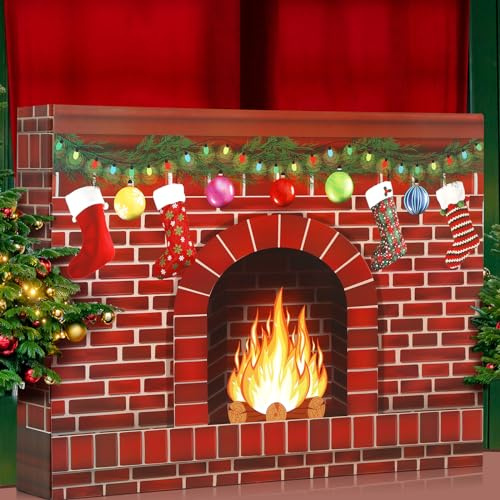 Colarr Weihnachtskamin aus Karton, riesiger roter Ziegelkamin aus Karton, 3D-Lagerfeuer, gefälschter Mittelpunkt für Weihnachtsfeier, Hintergrunddekoration, 92 x 71 x 17 cm