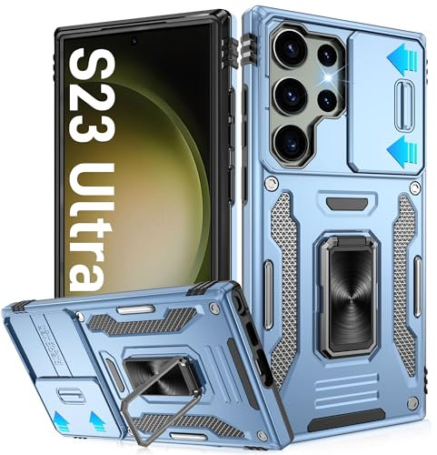 Jshru for Samsung S23 Ultra Case with Slide Camera Cover [Upgrade],Military Grade Shockproof S23 Ultra Case with Ring Kickstand,Armour Phone Cover for Samsung Galaxy S23 Ultra,Light Blue