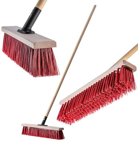KADAX Push Broom with Wooden Handle, Wide Head and Long Stiff Bristles, Outdoor Broom for Sweeping Driveways, Sidewalks and Garage Floors (Red, 50 cm)