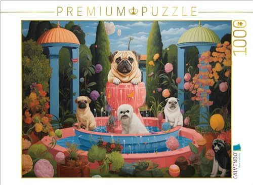 Puzzle · Hunde Baden im Springbrunnen | Ein von Botero inspiriertes Kunstwerk · 1000 Teile · Lege-Größe 64 × 48 cm · CALVENDO Puzzle