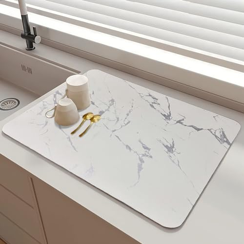 SOQKEEN Abtropfmatte Geschirr, 50 x 40 cm Lederbeize Abtropfmatte Spüle mit Rutschfester Gummirückseite, Schnell Abtropfmatte Geschirr Kaffeematte für die Küche, Kaffeemaschine (Weißer Marmor)