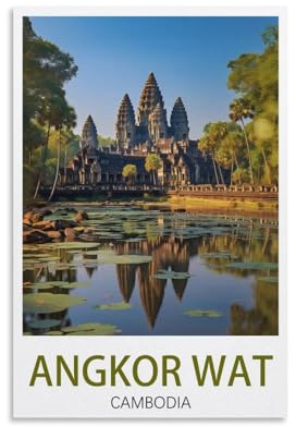 PuPLuM Angkor Wat Kambodscha Vintage-Reiseposter Baum, 20 x 30 cm, Leinwand, Wandkunst, Poster für Wohnzimmer, Dekoration, Gemälde für Heimdekoration