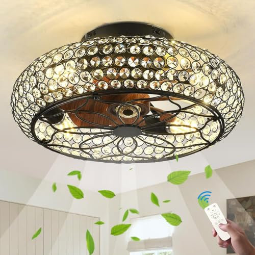 Kristall Ventilator Deckenlampe Leise Deckenventilator mit Lampe und Fernbedienung E27 Deckenleuchte Schwarzer Käfig Fan Hängeleuchten Für Schlafzimmer Wohnzimmer Esszimmer Restaurant Lüfter Licht